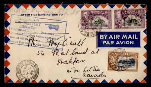 DR WHO 1940 TRINIDAD AIRMAIL TO CANADA RTS PAIR j99052 - Afbeelding 1 van 2