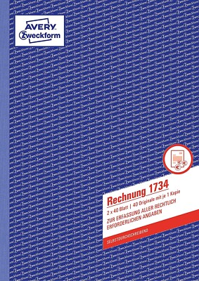 AVERY Zweckform 1734 Rechnung A4, 2x40 Blatt mit Netto- und Bruttobetrag MwSt.