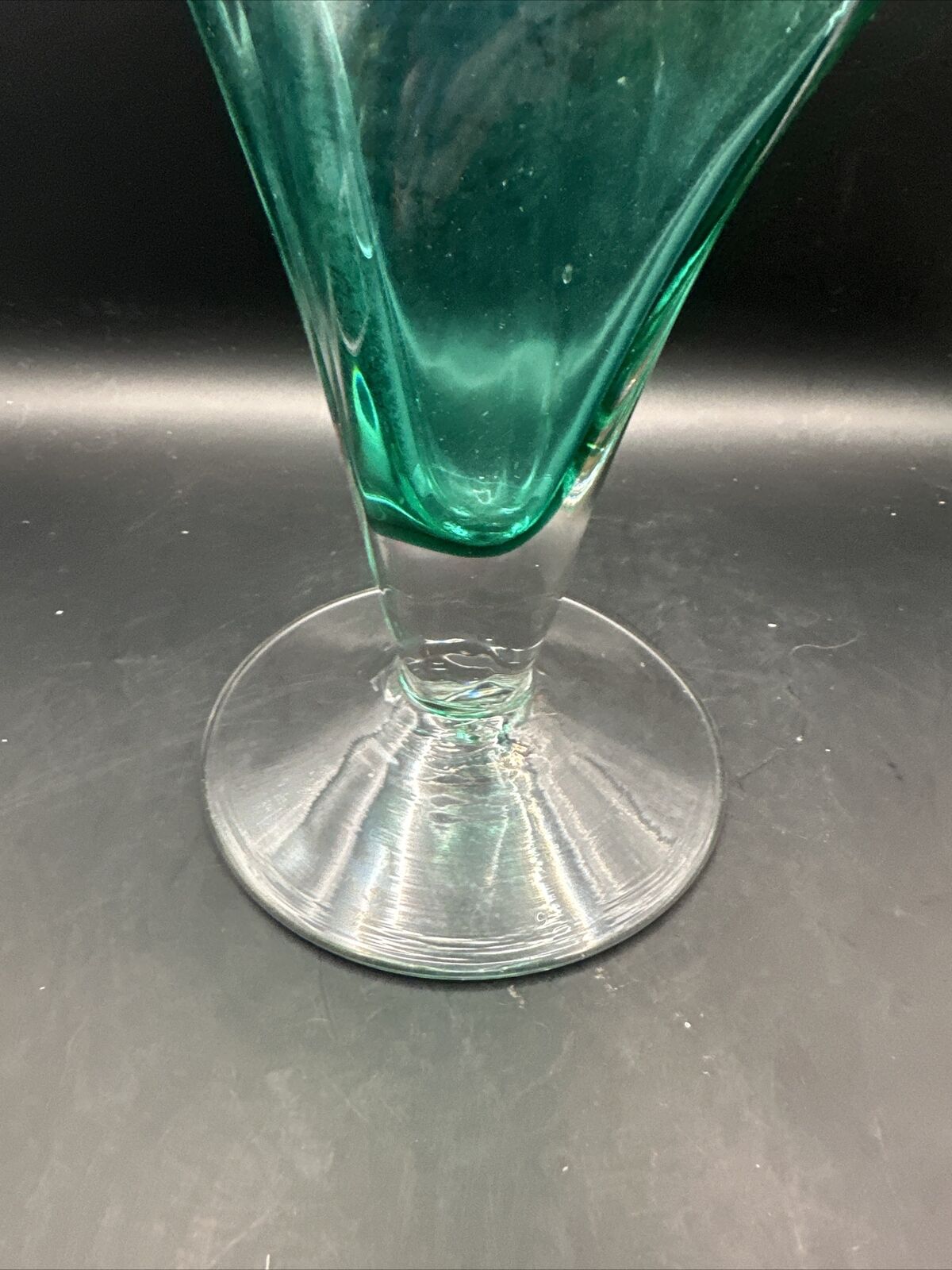 Vintage 12" Blenko Art Glass Fan Vase ~ 872, Teal & Crystal Case Glass