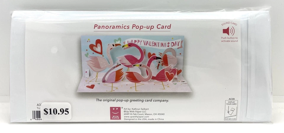 Valentines Day Panoramic Greeting Card Sound & 3D Pop Up Tickled Pink Flamingos  - Image 2 of 2