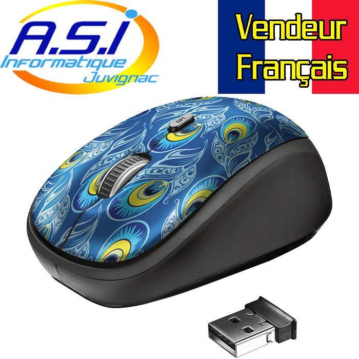 Souris sans fil Trust bleu paon 1600 dpi périphérique optique USB pour PC Windows et Mac
