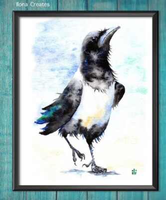 Aquarell Elster Gemälde ''''Here we go again'''' Kunst limitierte Auflage Druck von ili