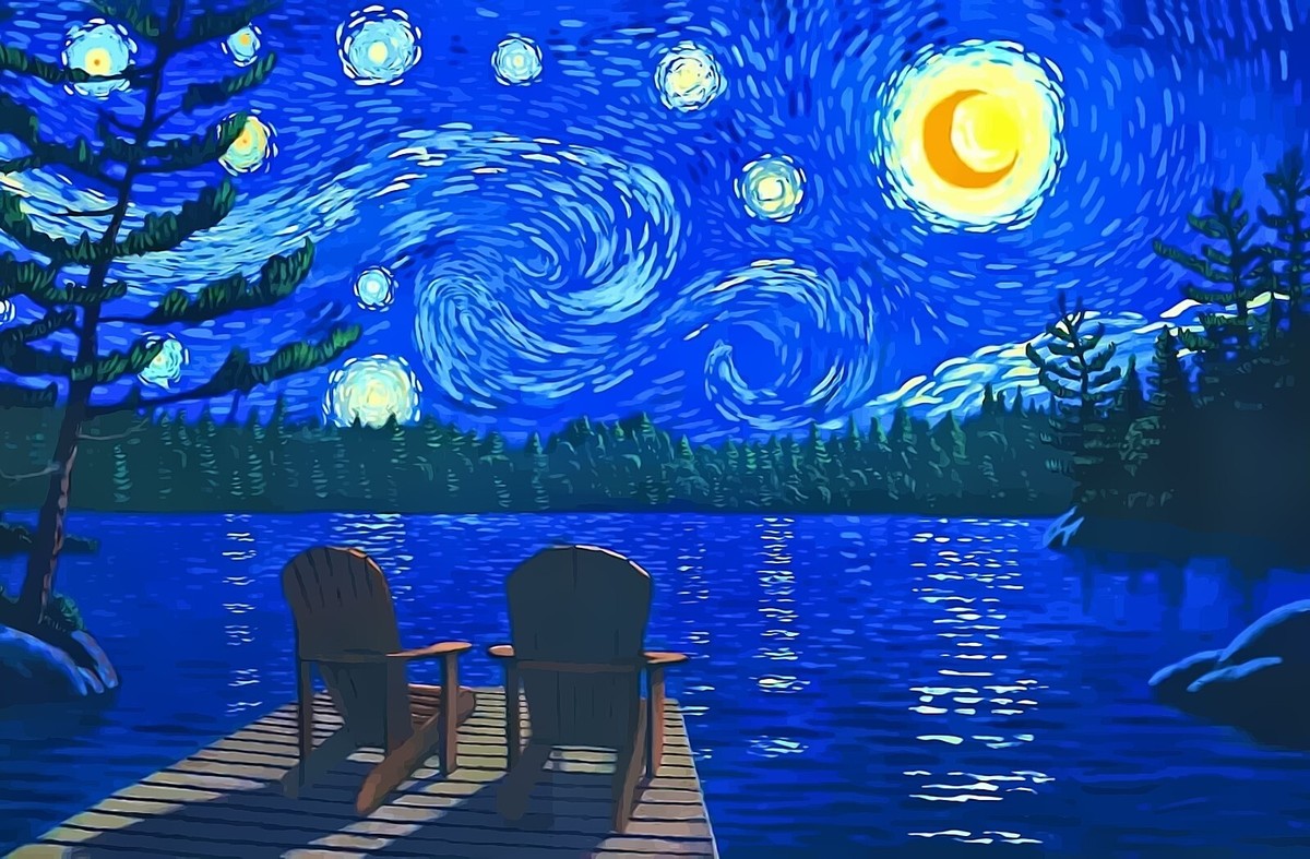 Lake Fishing Starry Night Poster | Framed Art | Van Gogh Tribute
