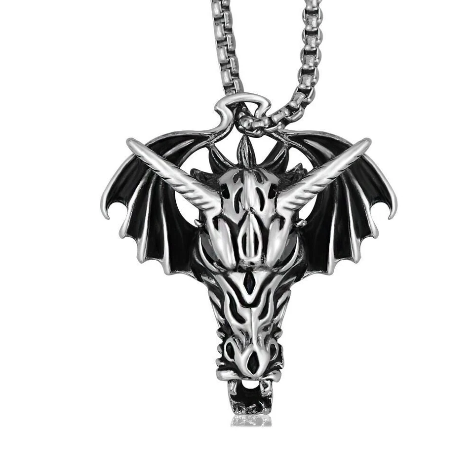 Collar de motociclista gótico de acero inoxidable con colgante de dragón alas de cuerno de ojo de circonita negra para hombre Foto 3 de 4