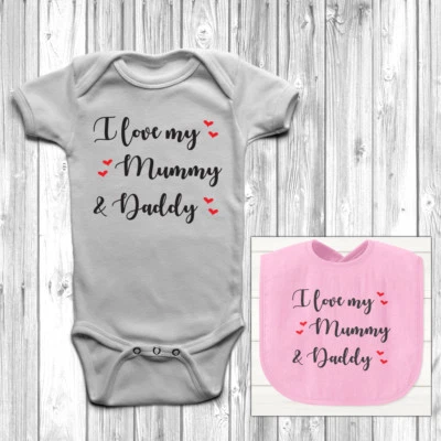 I Love My Mummy And Daddy Baby Grow Body Suit Vest Cute Bib 0-18 Months Newborn