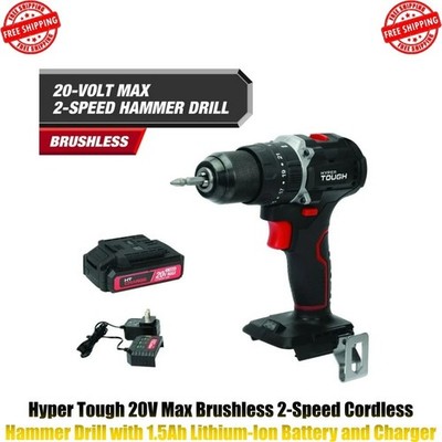 Hyper Tough 20V Max Brushless 2-Speed Cordless Hammer Drill with 1.5Ah Lithium