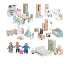 Giant bean 36pcs Wooden Dollhouse Furniture Set 5 Rooms 4 Family Dolls, Wood ...