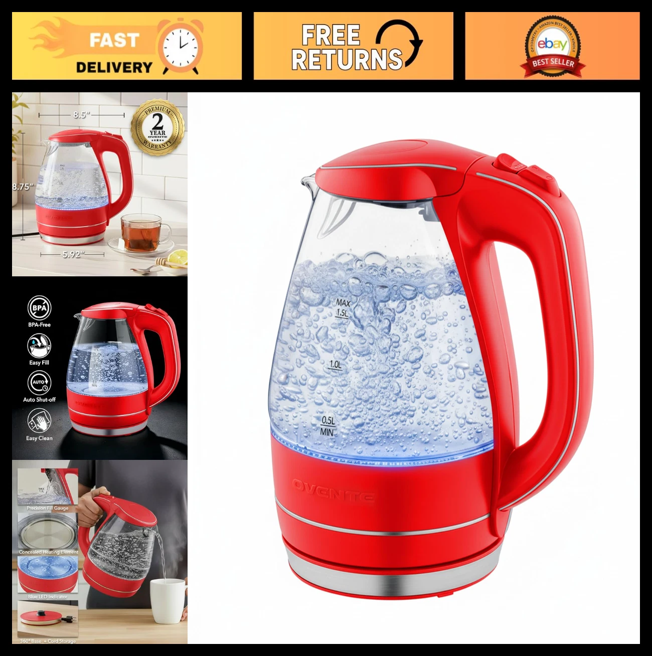 1.5L Borosilicate Glass Electric Kettle - BPA-Free, Auto Shut-Off, Boil-Dry Prot