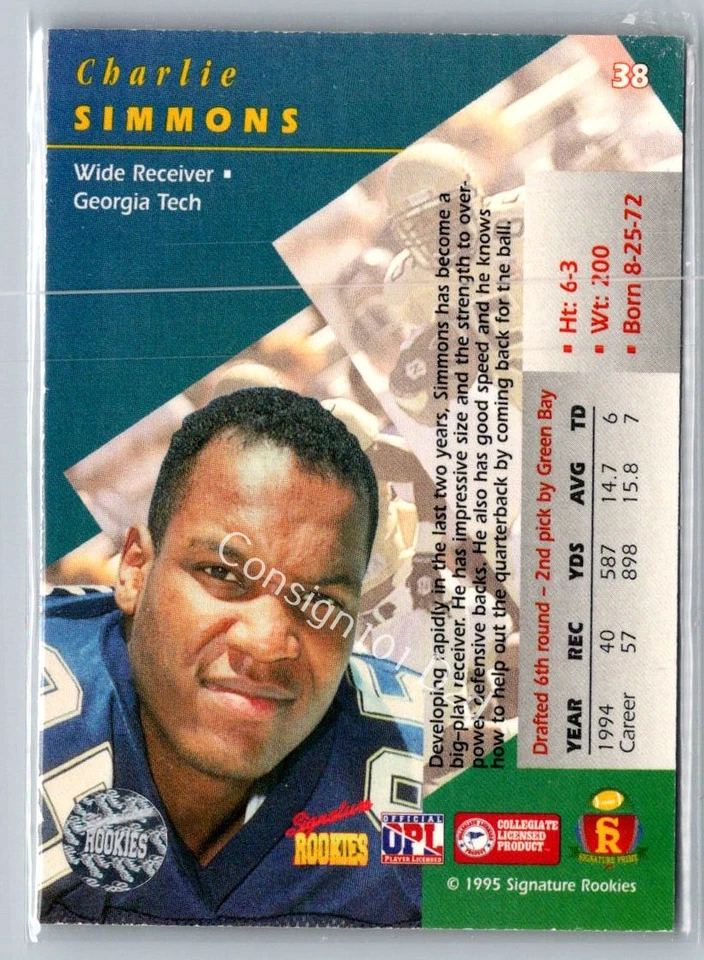 1995 Signature Rookies Signature Prime #38 Charlie Simmons Autographs #/3000 - Image 2 of 2