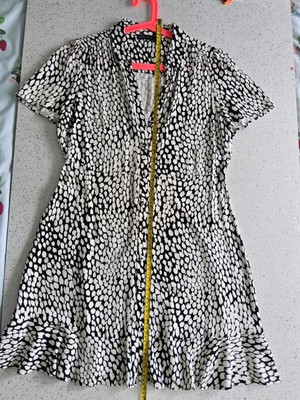 Vintage Tee Kleid Größe 14 schwarz/weiß gepunktetes Muster normale Passform KOSTENLOSER VERSAND 