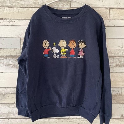 Peanuts Snoopy Rundhals Sweatshirt Navy Baumwolle Langarm Bestickt Neu