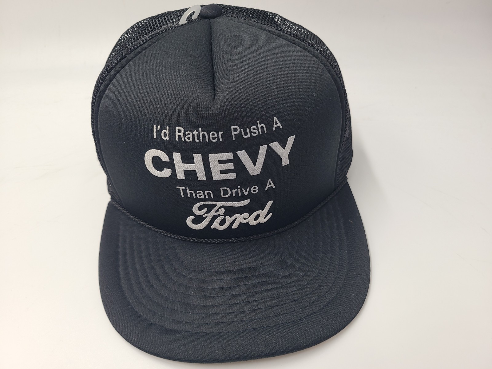 Vintage I'd Rather Push A Chevy Than Drive A Ford Mesh Trucker Snapback Hat Cap