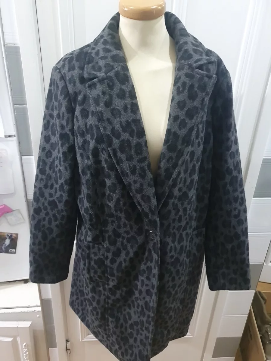 Womens Black Grey Leopard Print George Coat Size UK 14
