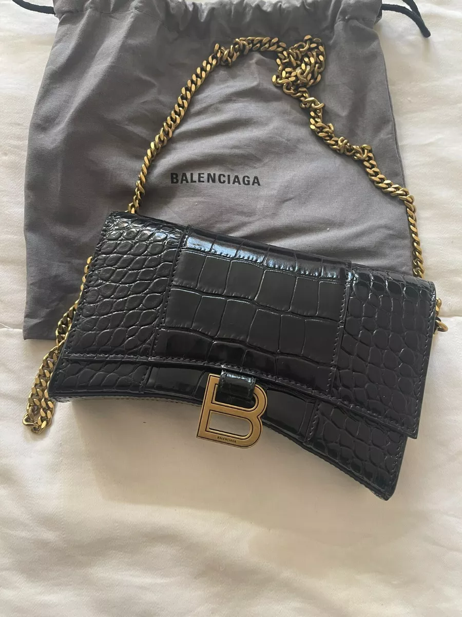 Balenciaga Women's Hourglass Mini Handbag with Chain Crocodile Embossed - Black