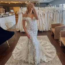 Elegant Applique Wedding Dresses Off Shoulder Lace up Mermaid Tulle Bridal Gowns