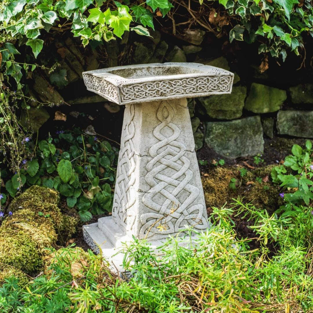 Solid Stone Cast Bird Bath Celtic Ancient Design UK Handmade DGS Statues 60kgs