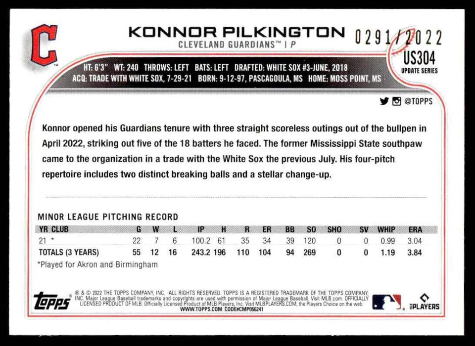 2022 Topps Update Gold Konnor Pilkington 0291/2022 Cleveland Guardians #US304 . - Image 2 of 2
