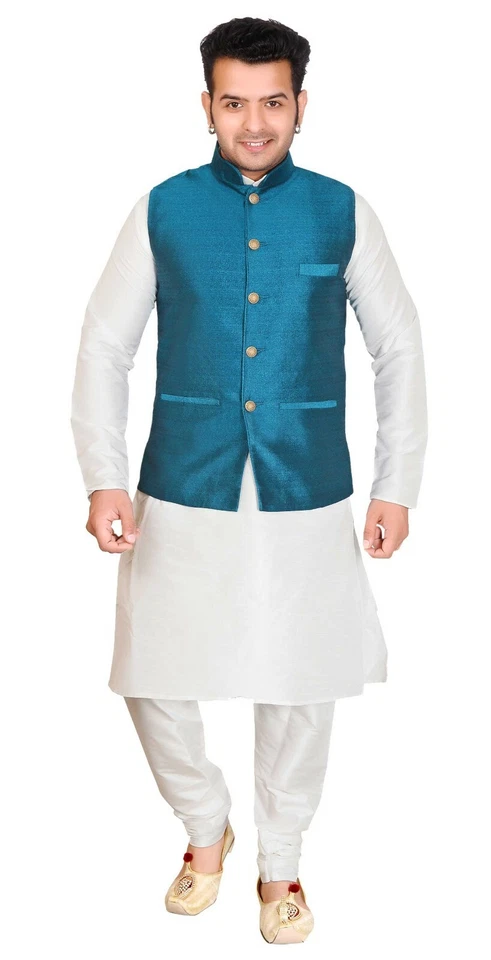 Men's Nehru Style Formal Waistcoat Only Sleeveless Jacket Vest Mix Silk 1020 UK - Image 2 of 4