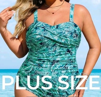 Aqua Eve Swimwear Plus Size 18W One Piece Padded Bra Tummy Control Blue Paisley