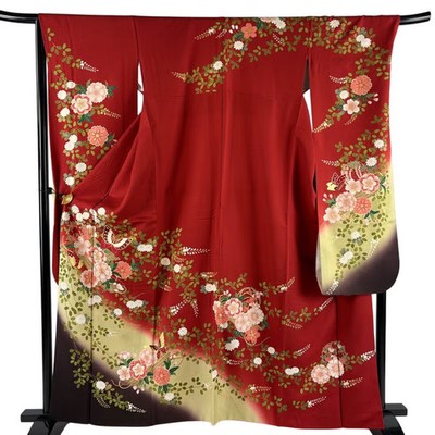 Japanese Furisode Silk Kimono L 161cm Red Flower raft Butterfly Gold thread 8444