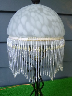 VINTAGE FROSTED DOME GLASS LAMPSHADE W/ DANGLE BEADED FRINGE 8" DIA x 9"