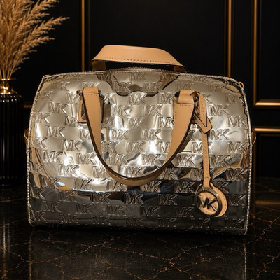 Michael Kors Logo Duffle Satchel Metallic Silver Zip Crossbody Strap Gold