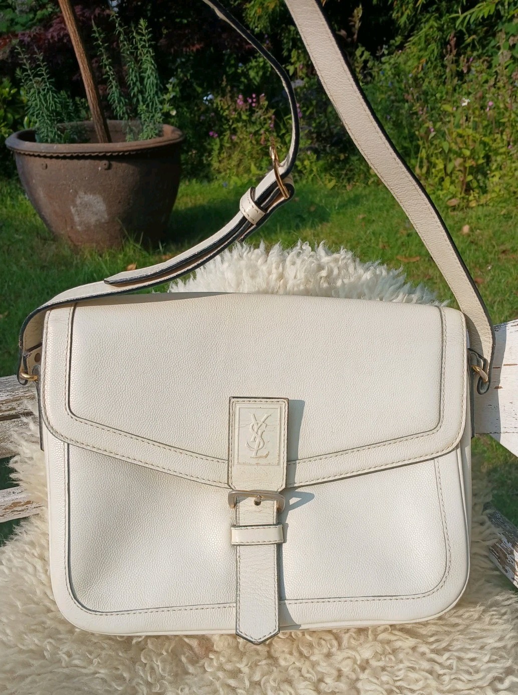 SAINT LAURENT BORSA A TRACOLLA VINTAGE YVES SAINT LAUREN DESIGNER YSL PELLE BORSA A MANO AVORIO USATA