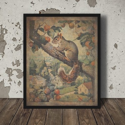 Vintage SQUIRREL Fruit Tree Wall Art, Woodland Squirrel Feeder Nature Decor Gift