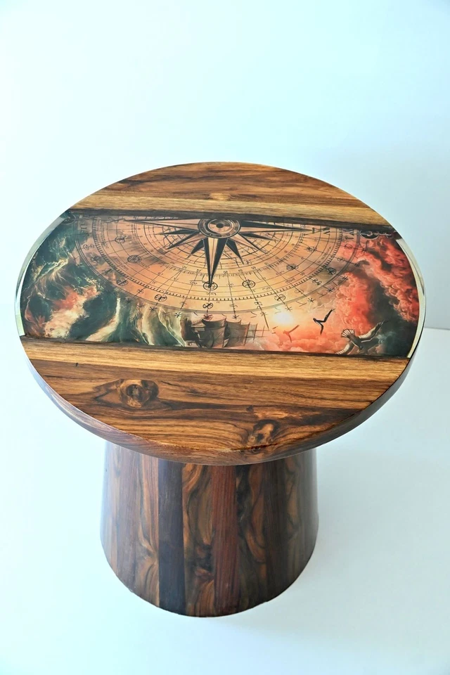 Handmade Clear Compass Theme Resin Teak Coffee Table - Live Edge Round Table,  - Image 3 of 4