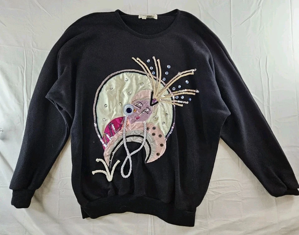 Adolfo Sweater Women's Medium Black Mardi Gras Sequin Flapper Lady Face 70s Vtg - Image 2 of 4