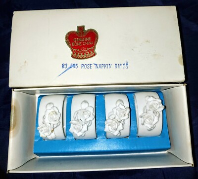 Vtg Genuine Bone China Rose Napkin Rings Set Dining Kitchen Tableware Pottery