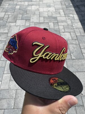 NEW ERA YORK YANKEES SCRIPT RED METALLIC GOLD WS PATCH FITTED 5950 HAT CAP  WOW