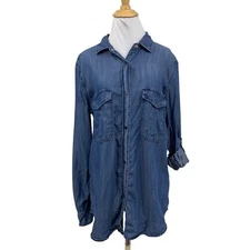 Rails Shirt Women L Large Blue Chambray Roll Tab Sleeve Snap Front Chest Pocket
