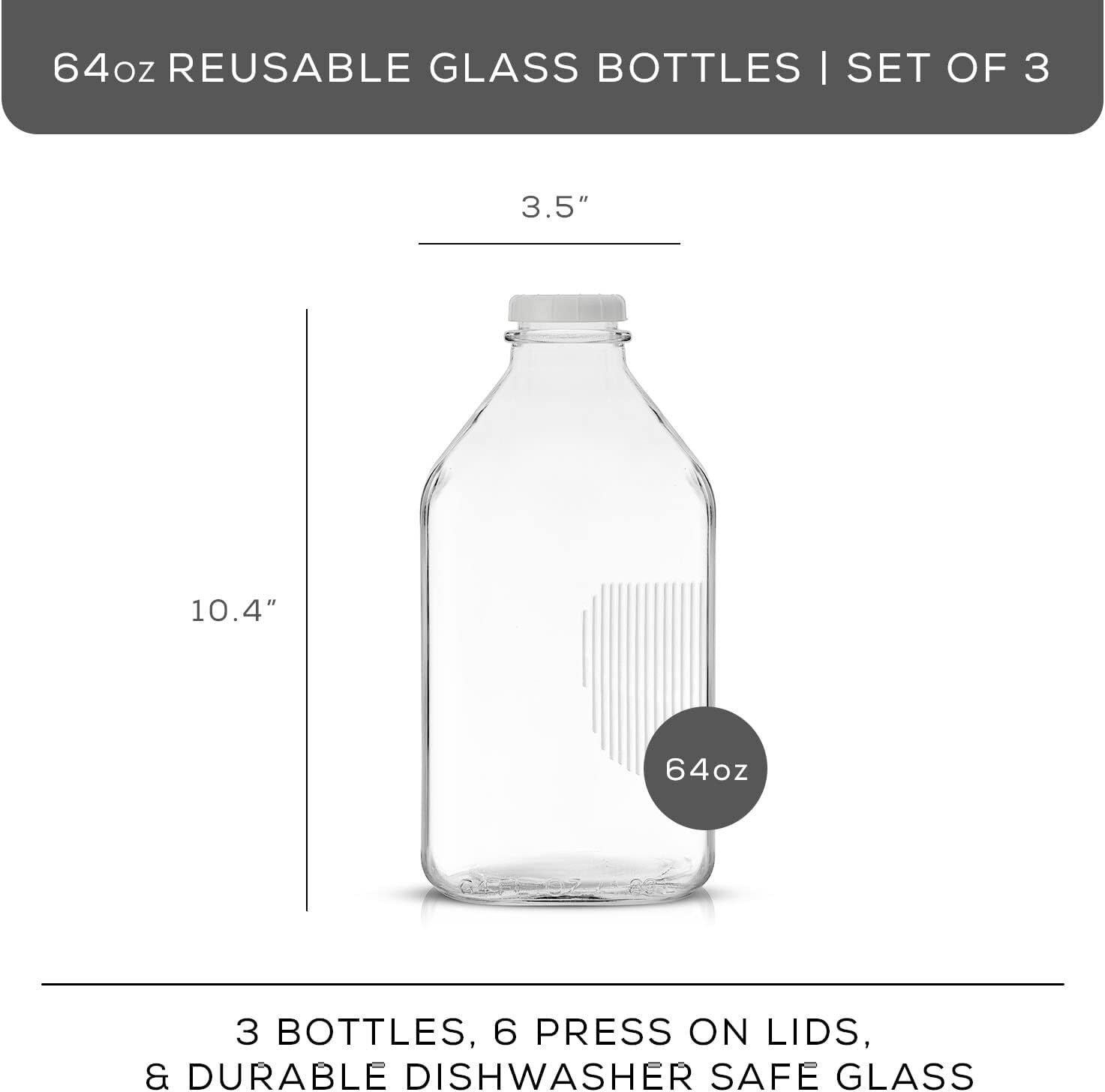 JoyJolt Glass Milk Bottles with Lids and Pourer &ndash; 64 Oz, 3 Pack 64 