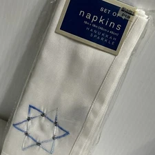 Hanukkah Sparkle Embroidered Napkins Set Of 4 18x18 White Blue Silver/75b