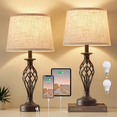 Table Lamp for Bedroom Set of 2 with USB C+A Ports - Modern Brown Bedside Lamps
