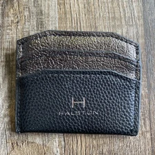 HALSTON Logo Mini Wallet 7 Slot Cards ID RARE Black Graphite Pebbled Leather