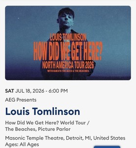 2 Tixs Louis Tomlinson How Did We Get Here? World Tour 7/18/2026 6PM Detroit MI