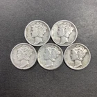 Lot of 5 Mercury Dimes 90% Silver Various Dates Circulated Condition