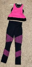 3-Piece Pink  Black Sports Bra, Top  Legging Costume Set Adult S