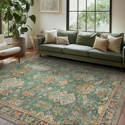 8x10 Green Boho Area Rug Low Pile Chenille Non-Slip Machine Washable Carpet
