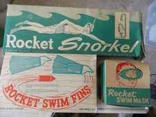 Vintage Martin Rubber Company Rocket Snorkel, Rocket Swin Fins and Rocket Mask