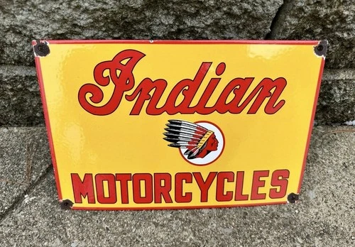 VINTAGE INDIAN MOTORCYCLES PORCELAIN SIGN DEALERSHIP MOTOR BIKE HARLEY GAS OIL