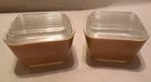 Pair Vintage Pyrex Brown, 501B Refrigerator Dishes With Lids 1 1/2 Cup.