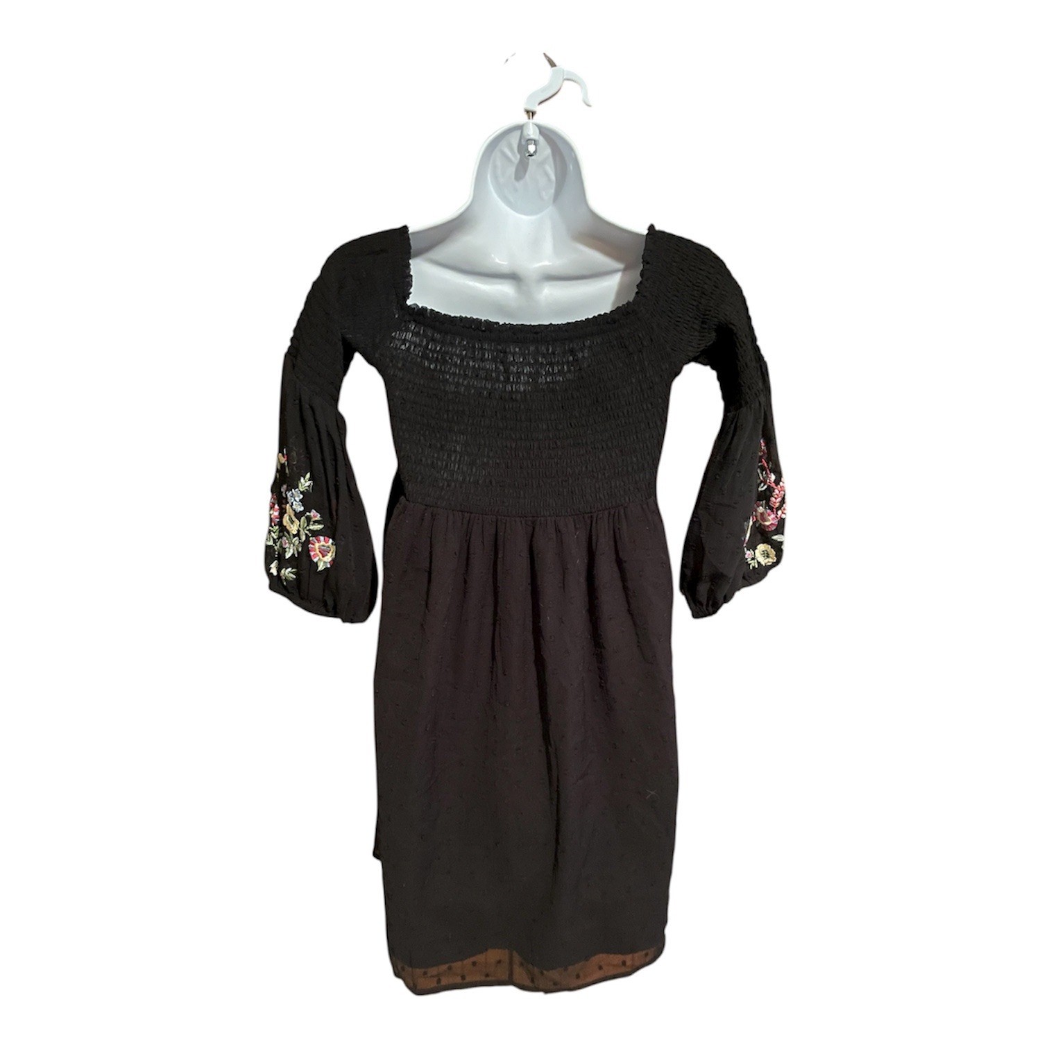 Zara Basic Black Smocked Square Neck Embroidered … - image 2