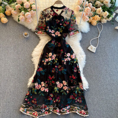 Lady Floral Dress Mesh Short Sleeve Midi See Embroidery Through