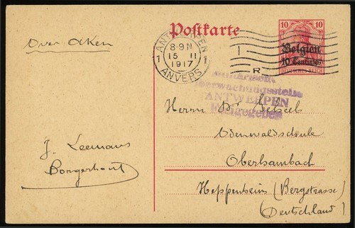 Belgium Occupation 1917 WWI Antwerp Censored Card to Germany 10c Postage - Picture 1 of 2