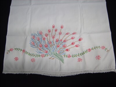Vtg Embroidered Pillowcase Peacock Bird Crocheted Lace 29'' x 21'' Grannycore Made