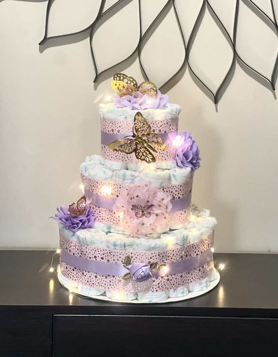 Tier Butterfly Diaper Cake Baby Shower Girl With Fairy Light