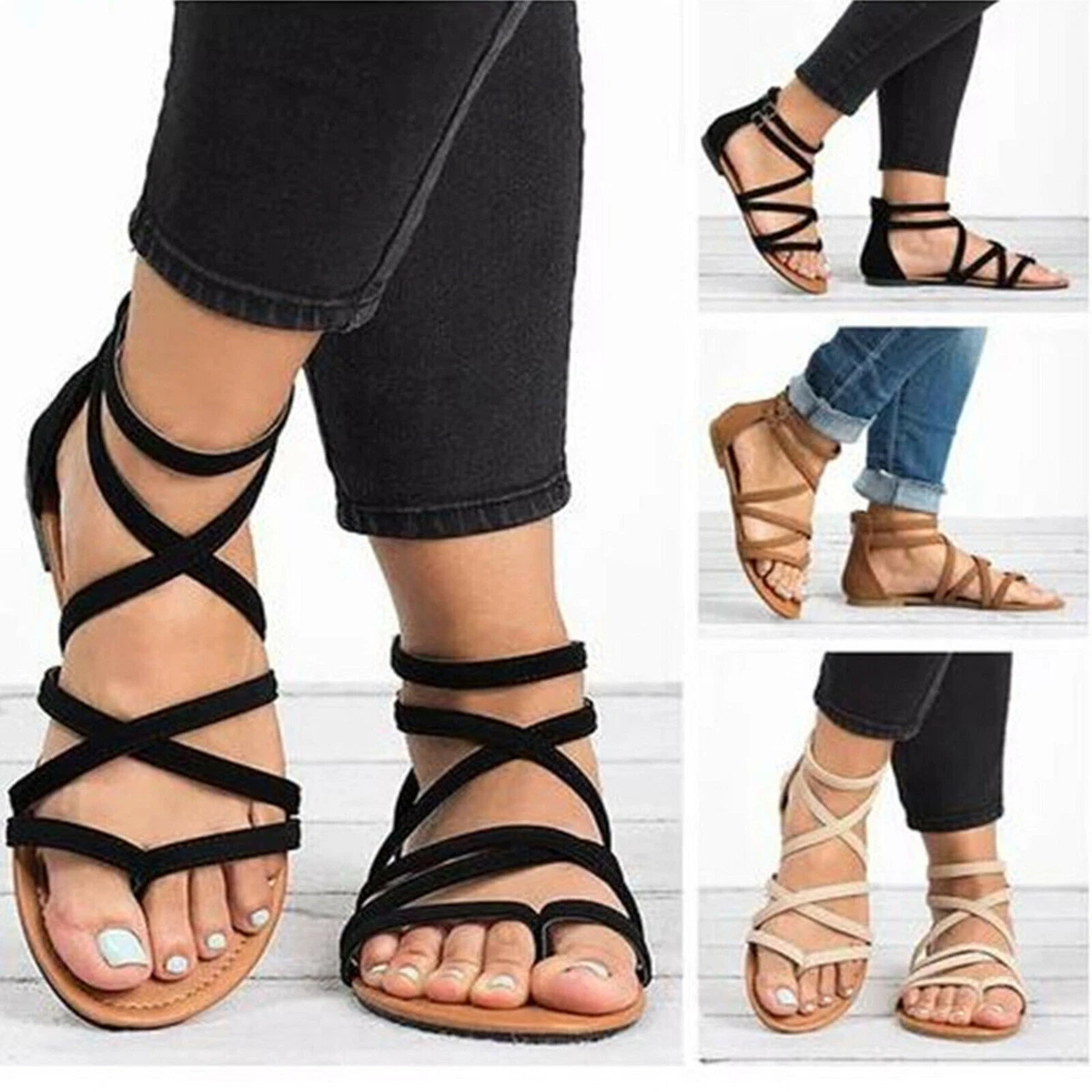 Fraun Cloth Lace Up Ankle Wrap Strap Gladiator Beach Flat Sandals Shoes Sizes UK